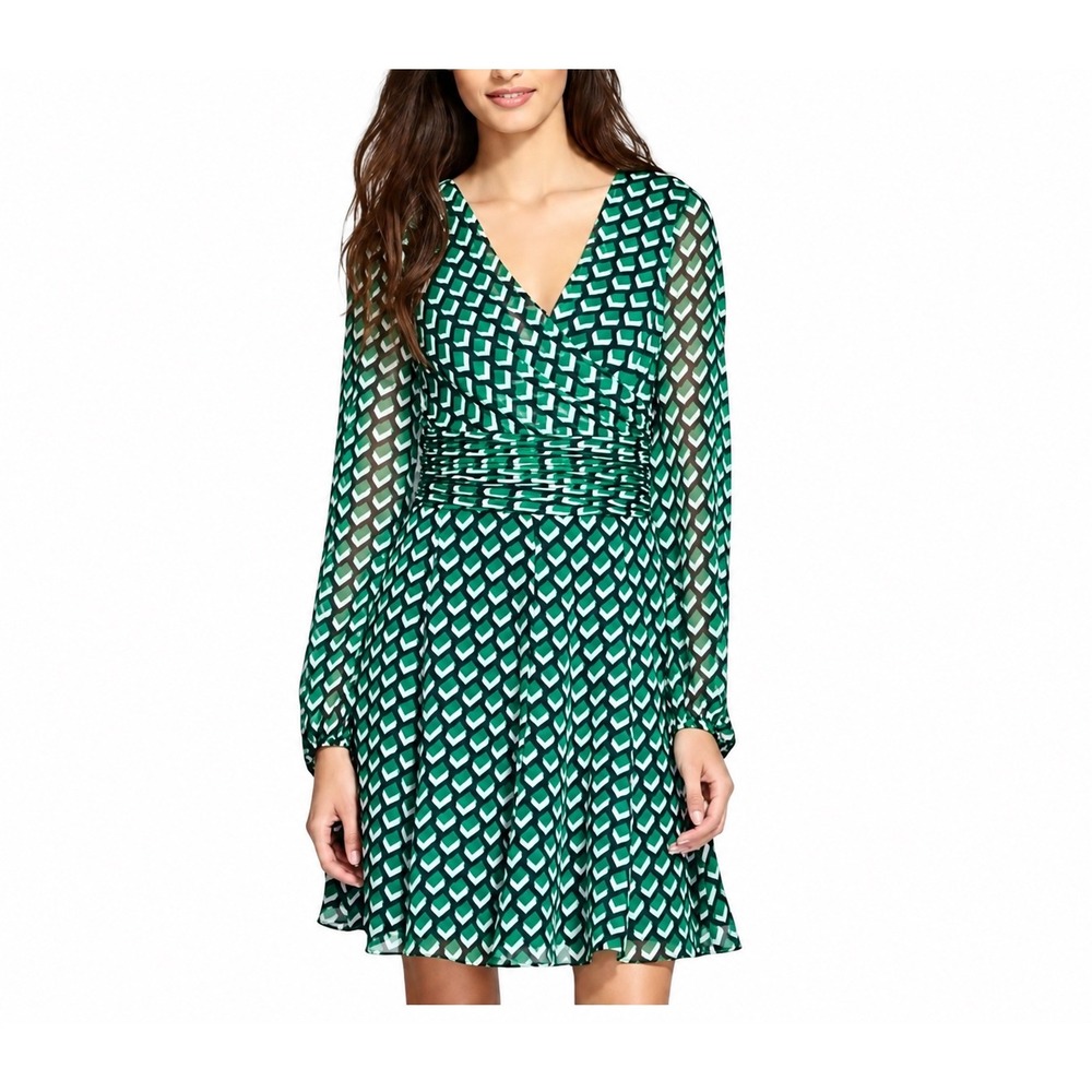 Diane von Furstenberg DVF Ashlynn 100% Silk Dress Geo Print Ruched Green SZ 12